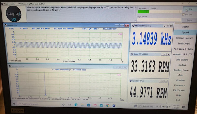View of computer screen showing information to inform turntable tuning.